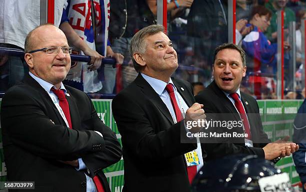 Vladimir Vujtek , head coach of Slovakia celebrates after the IIHF World Championship group H match between Slovakia and USA at Hartwall Areena on...