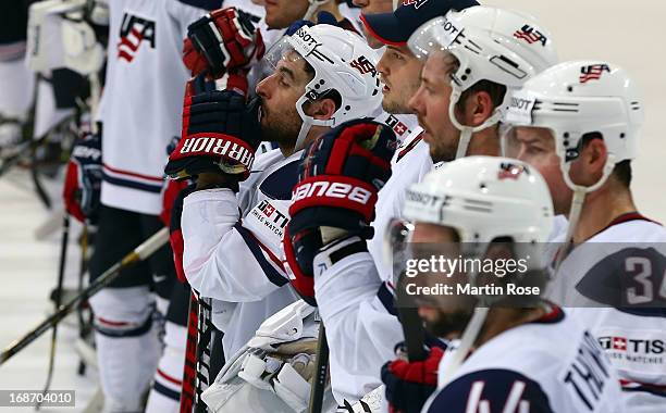 Stephen Gionta of USA looks dejected after the IIHF World Championship group H match between Slovakia and USA at Hartwall Areena on May 14, 2013 in...