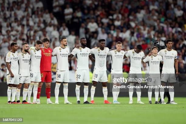 Players of Real Madrid, fans and officials hold a minutes silence in memory of the victims of the earthquakes in Morocco and Libya prior to the...