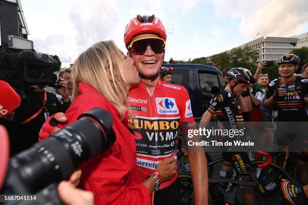 Sepp Kuss of The United States and Team Jumbo-Visma - Red Leader Jersey with his wife Noemi Ferré of Spain react after the 78th Tour of Spain 2023,...