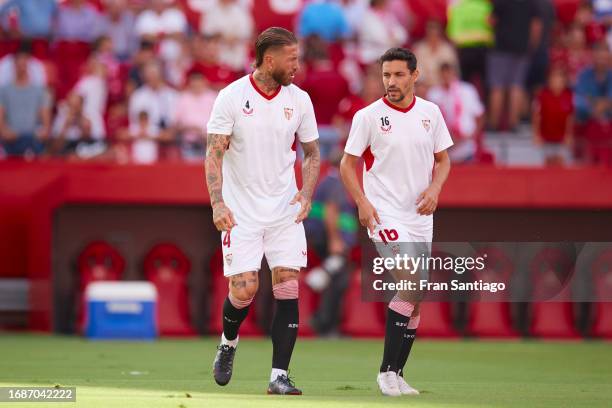 Sergio Ramos and Jesus Navas of Sevilla FC warm up prior to during the LaLiga EA Sports match between Sevilla FC and UD Las Palmas at Estadio Ramon...