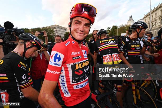 Overall race winner Sepp Kuss of The United States and Team Jumbo-Visma - Red Leader Jersey reacts after the 78th Tour of Spain 2023, Stage 21 a...