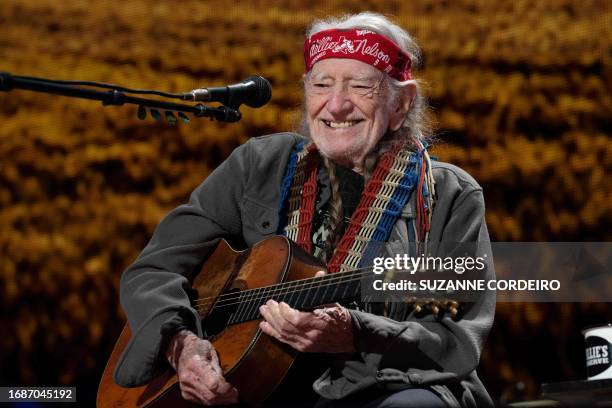 Musician Willie Nelson performs during the Farm Aid Music Festival at the Ruoff Music Center on September 23, 2023 in Noblesville, Indiana.