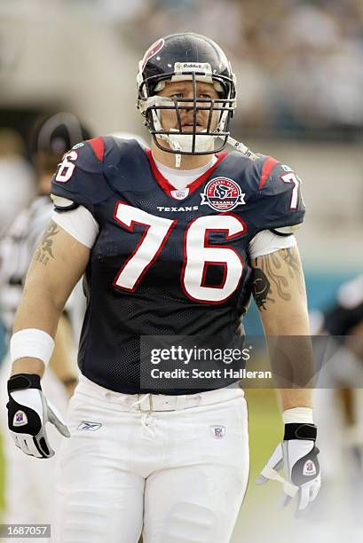 Center Steve McKinney of the Houston Texans stands on the field during practice prior to the NFL game against the Jacksonville Jaguars at Alltel...