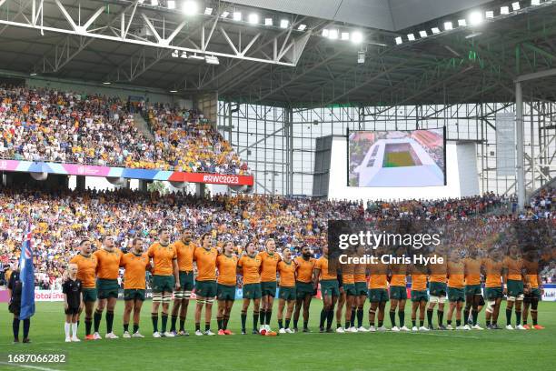 General view of the inside of the stadium as players of Australia line up during the National Anthems prior to the Rugby World Cup France 2023 match...