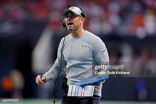 Head coach Matt LaFleur of the Green Bay Packers reacts during the third quarter in the game against the Atlanta Falcons at Mercedes-Benz Stadium on...