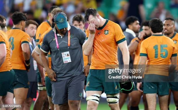 Nick Frost of Australia looks dejected after the Rugby World Cup France 2023 match between Australia and Fiji at Stade Geoffroy-Guichard on September...