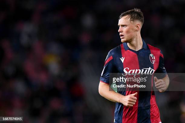 Sam Beukema of Bologna FC looks on during the Serie A Tim match between Bologna FC and SSC Napoli at Stadio Renato Dall'Ara on September 24, 2023 in...