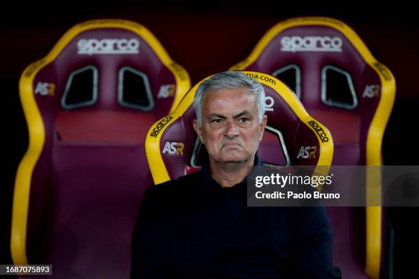 Roma head coach Jose Mourinho looks on during the Serie A TIM match between AS Roma and Empoli FC at Stadio Olimpico on September 17, 2023 in Rome,...
