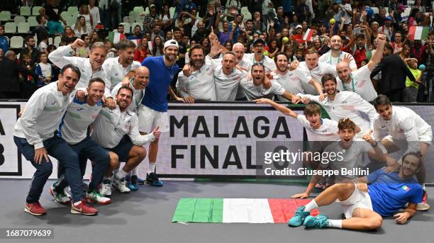 Team Italy celebrates their qualification for the Malaga Final 8 during 2023 Davis Cup Finals Group Stage Bologna - Day 6 at Unipol Arena on...