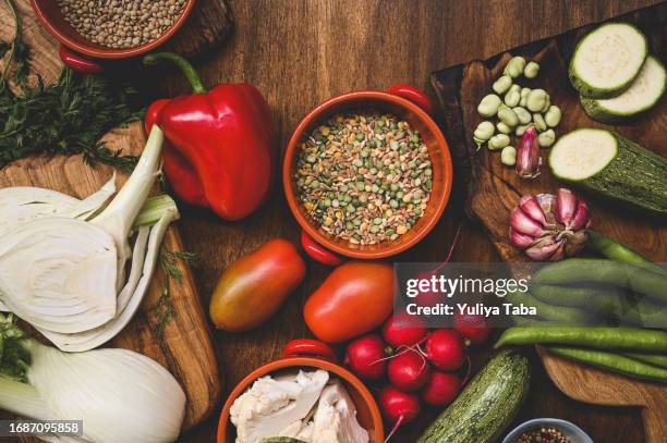 fresh organic vegetables on rustic wooden table. - zinc stock pictures, royalty-free photos & images