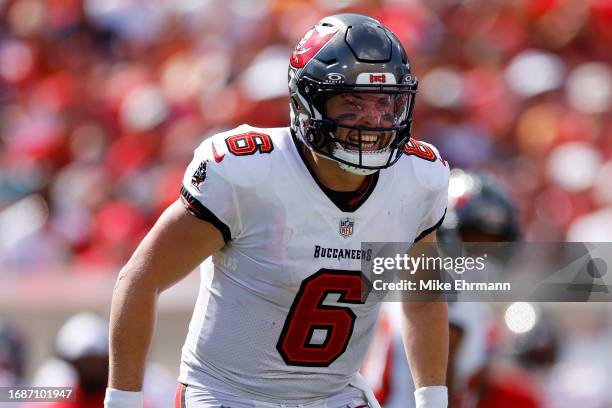 Baker Mayfield of the Tampa Bay Buccaneers reacts after a play during the fourth quarter against the Chicago Bears at Raymond James Stadium on...