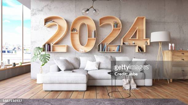 2024 bücherregal mit gemütlichem interieur - roman numeral stock-fotos und bilder
