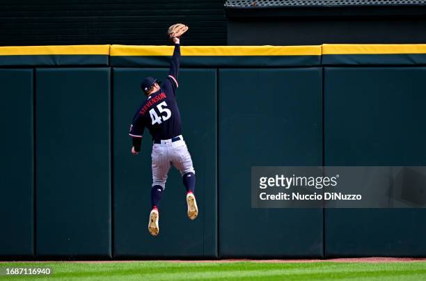 Andrew Stevenson of the Minnesota Twins catches the fly ball out hit by Andrew Benintendi of the Chicago White Sox during the sixth inning of a game...