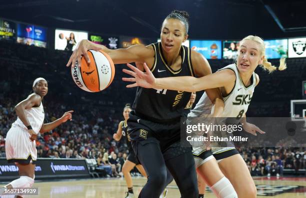 Kiah Stokes of the Las Vegas Aces grabs a rebound against Alanna Smith of the Chicago Sky in the first quarter of Game Two of the 2023 WNBA Playoffs...