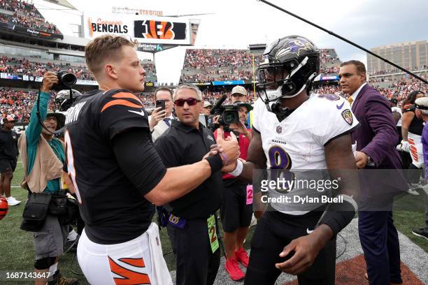 Joe Burrow of the Cincinnati Bengals and Lamar Jackson of the Baltimore Ravens embrace after the game at Paycor Stadium on September 17, 2023 in...