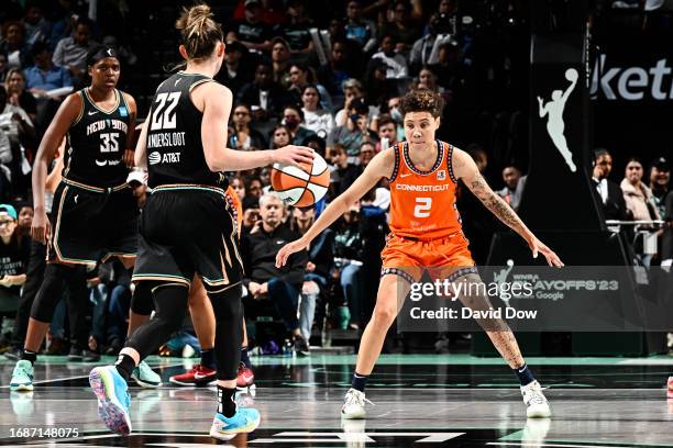 Natisha Hiedeman of the Connecticut Sun plays defense during the game against the New York Liberty during round two game four of the 2023 WNBA...