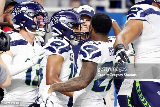 Seattle Seahawks celebrate an overtime win over the Detroit Lions at Ford Field on September 17, 2023 in Detroit, Michigan.