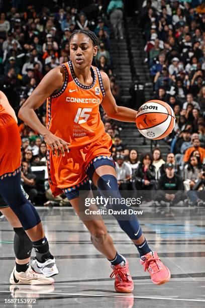 Tiffany Hayes of the Connecticut Sun dribbles the ball during the game against the New York Liberty during round two game four of the 2023 WNBA...