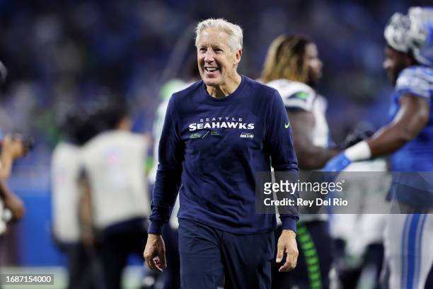 Head coach Pete Carroll of the Seattle Seahawks reacts after a win over the Detroit Lions at Ford Field on September 17, 2023 in Detroit, Michigan.