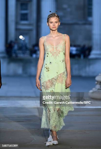 Model walks the runway at the Erdem show during London Fashion Week September 2023 at The British Museum on September 17, 2023 in London, England.