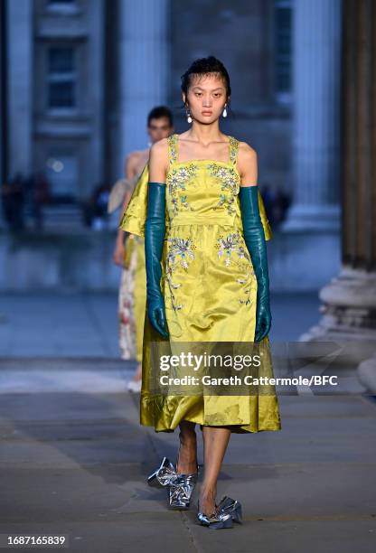 Model walks the runway at the Erdem show during London Fashion Week September 2023 at The British Museum on September 17, 2023 in London, England.