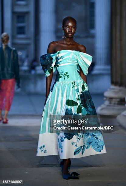 Model walks the runway at the Erdem show during London Fashion Week September 2023 at The British Museum on September 17, 2023 in London, England.