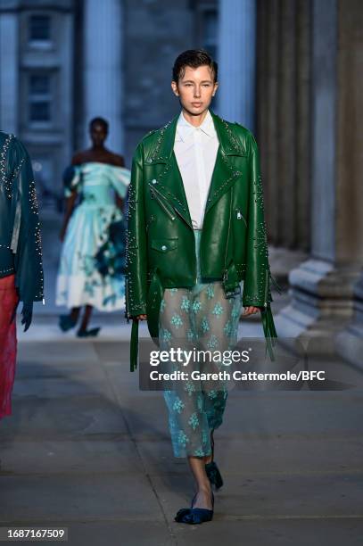 Model walks the runway at the Erdem show during London Fashion Week September 2023 at The British Museum on September 17, 2023 in London, England.