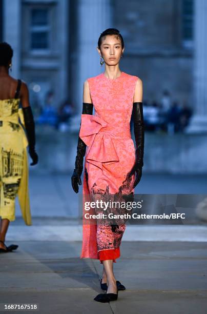 Model walks the runway at the Erdem show during London Fashion Week September 2023 at The British Museum on September 17, 2023 in London, England.