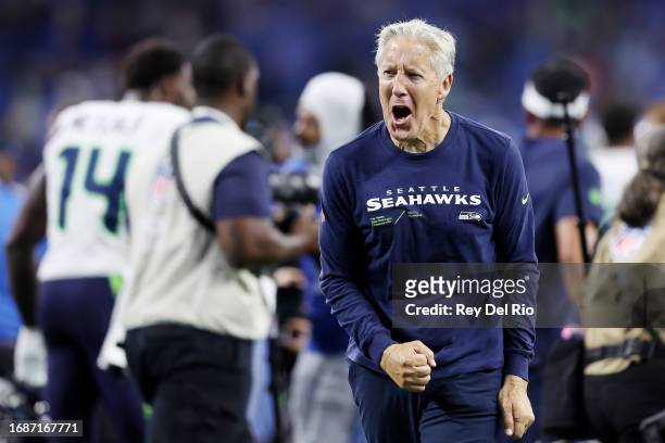 Head coach Pete Carroll of the Seattle Seahawks reacts after a win over the Detroit Lions at Ford Field on September 17, 2023 in Detroit, Michigan.