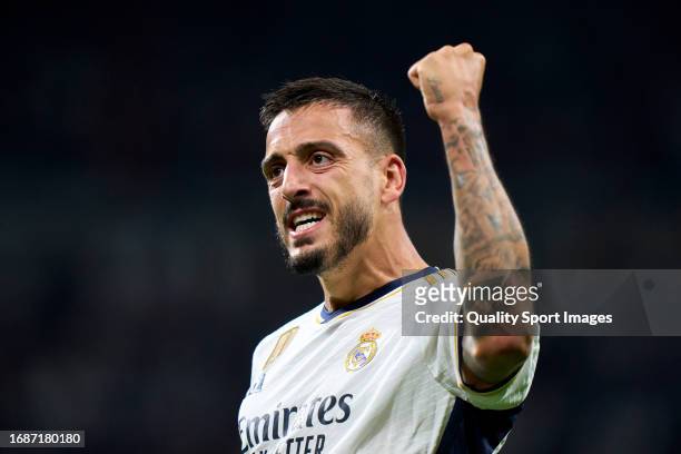 Joselu of Real Madrid CF celebrates after scoring his team's second goal during the LaLiga EA Sports match between Real Madrid CF and Real Sociedad...