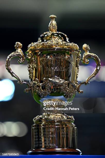 Detailed view of The Webb Ellis Cup during the Rugby World Cup France 2023 match between New Zealand and Namibia at Stadium de Toulouse on September...