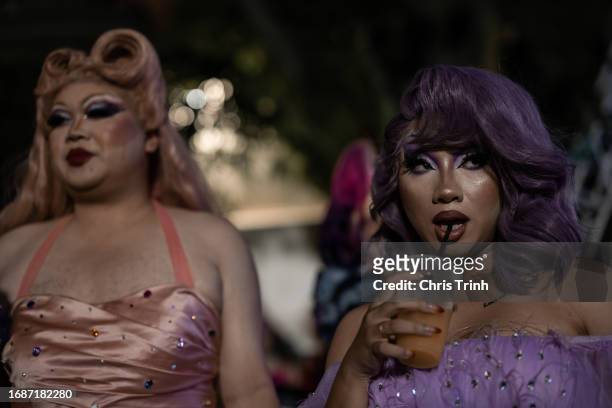 Drag queens Valerie Hammond and Lucy Hymen at Hanoi Pride, on September 24, 2023 in Hanoi, Vietnam. The first Pride in Vietnam was held in Hanoi in...