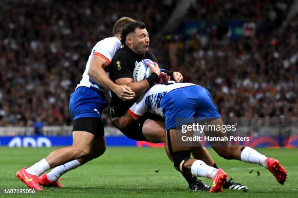 David Havilli of the All Blacks charges forward during the Rugby World Cup France 2023 match between New Zealand and Namibia at Stadium de Toulouse...