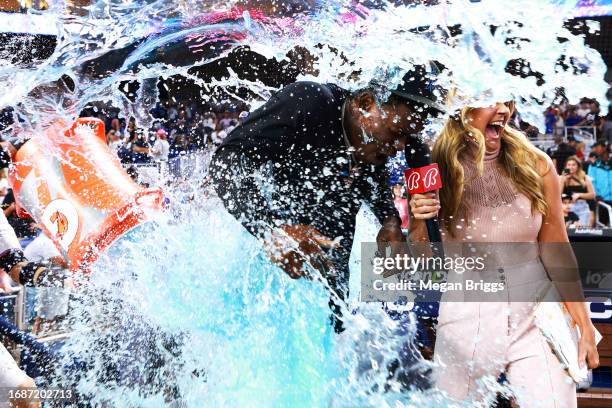 Jazz Chisholm Jr. #2 of the Miami Marlins receives a Gatorade bath after the Marlins defeated the Atlanta Braves at loanDepot park on September 17,...