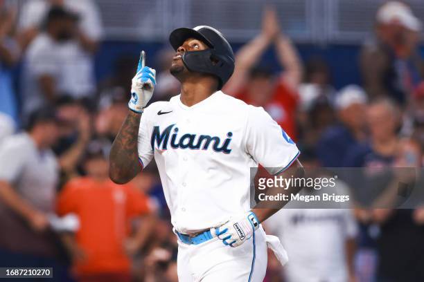 Jorge Soler of the Miami Marlins celebrates after hitting a home run against the Atlanta Braves during the sixth inning at loanDepot park on...