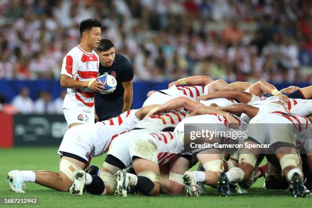 Naoto Saito of Japan looks on as the two teams prepare to compete in a scrum during the Rugby World Cup France 2023 match between England and Japan...