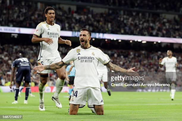 Joselu of Real Madrid celebrates after scoring their sides second goal during the LaLiga EA Sports match between Real Madrid CF and Real Sociedad at...