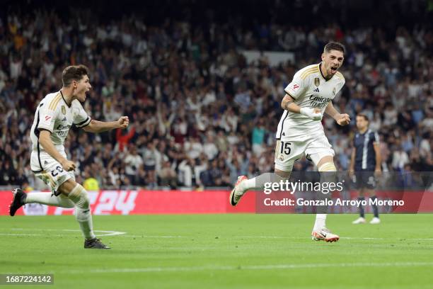 Federico Valverde of Real Madrid celebrates after scoring their sides first goal during the LaLiga EA Sports match between Real Madrid CF and Real...