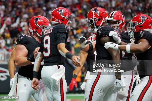 Desmond Ridder of the Atlanta Falcons after a touchdown during the fourth quarter in the game against the Green Bay Packers at Mercedes-Benz Stadium...