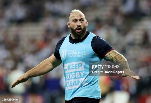 Joe Marler of England reacts at full-time following the Rugby World Cup France 2023 match between England and Japan at Stade de Nice on September 17,...