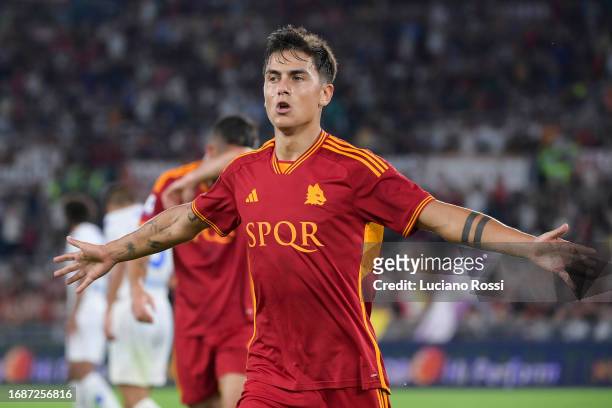 Roma player Paulo Dybala celebrates during the Serie A TIM match between AS Roma and Empoli FC at Stadio Olimpico on September 17, 2023 in Rome,...