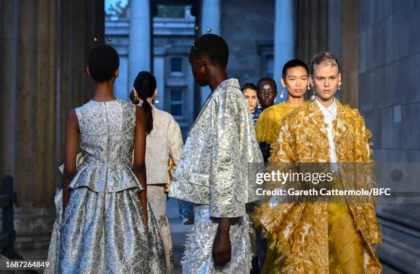 Models walk the runway at the Erdem show during London Fashion Week September 2023 at The British Museum on September 17, 2023 in London, England.