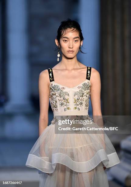 Model walks the runway at the Erdem show during London Fashion Week September 2023 at The British Museum on September 17, 2023 in London, England.