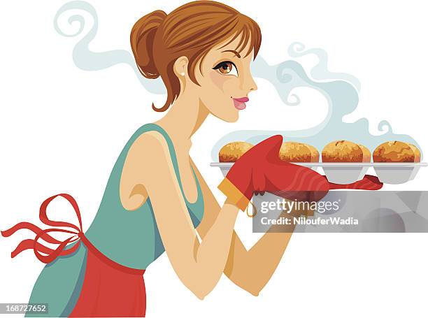 stockillustraties, clipart, cartoons en iconen met baking cupcakes - chef smelling food