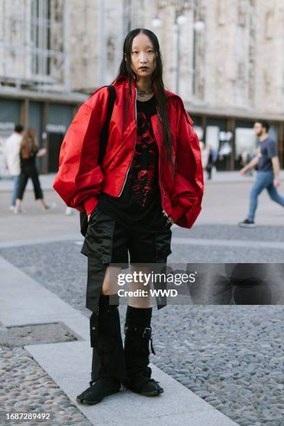 Street style at the Spring 2024 Milan Fashion Week Runway Shows on September 24, 2023 in Milan, Italy.