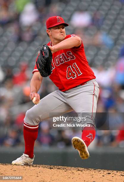 Carson Fulmer of the Los Angeles Angels delivers a pitch against the Minnesota Twins during the sixth inning at Target Field on September 24, 2023 in...