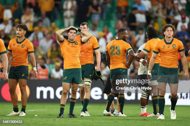 Ben Donaldson of Australia looks dejected at full-time following the Rugby World Cup France 2023 match between Australia and Fiji at Stade...