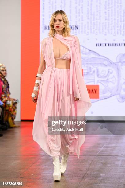 Model walks the runway at the Pam Hogg show during London Fashion Week September 2023 at the Protein Studios on September 17, 2023 in London, England.