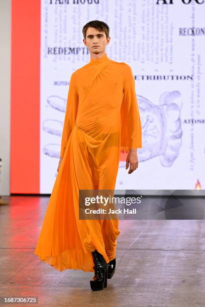 Model walks the runway at the Pam Hogg show during London Fashion Week September 2023 at the Protein Studios on September 17, 2023 in London, England.